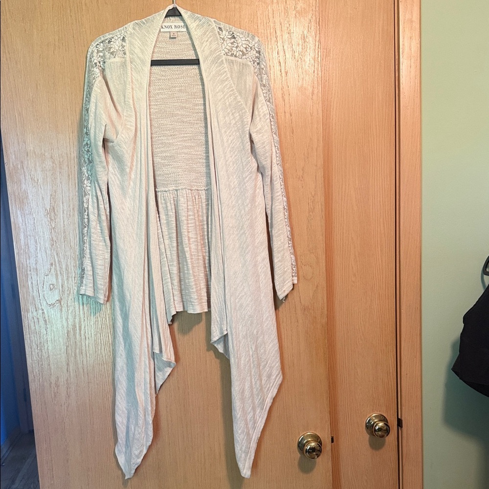 Knox Rose Cream Lace-Trim Draped Open-Front Cardigan